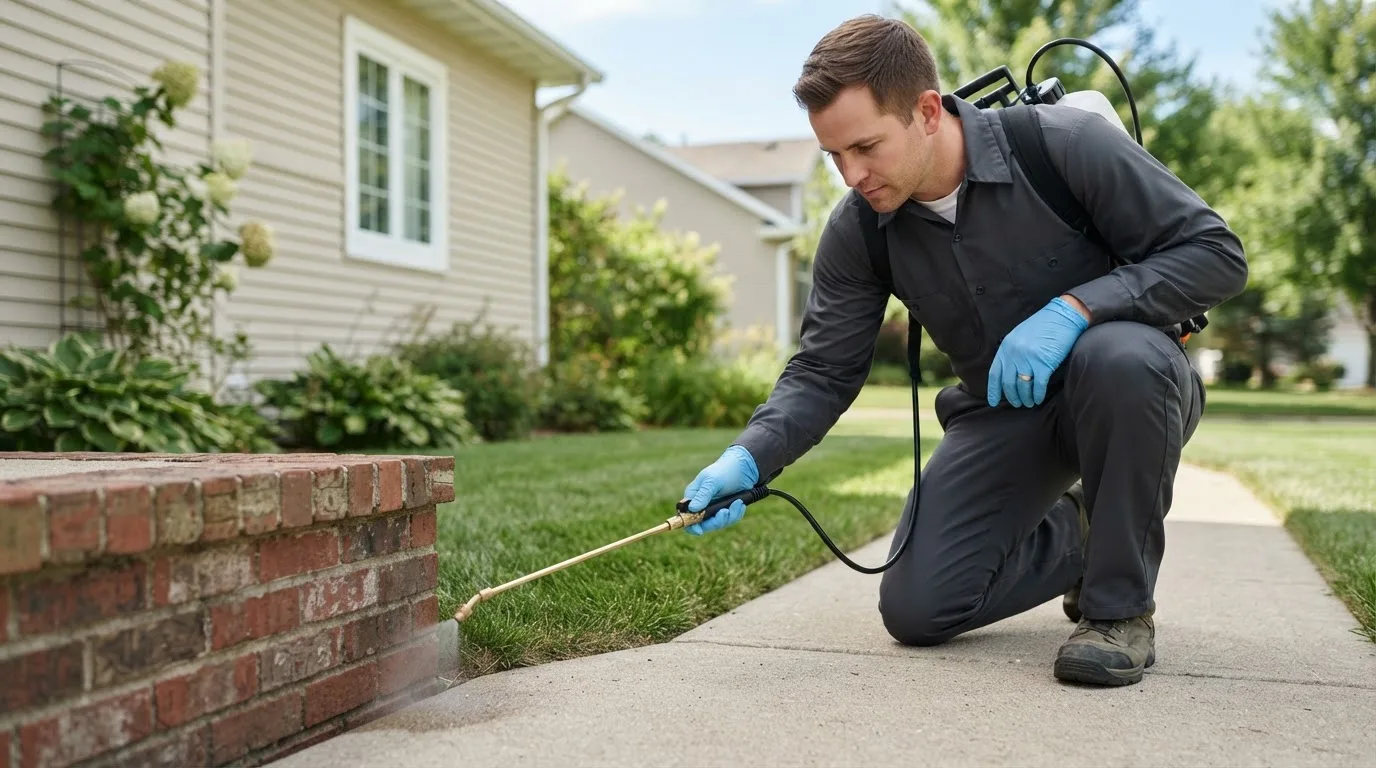 Pest control technician treating a home near Hertel, WI