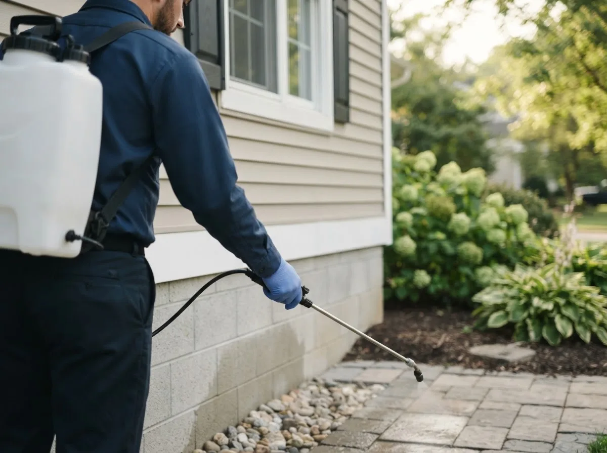 Pest control technician inspecting a home in Hertel, WI